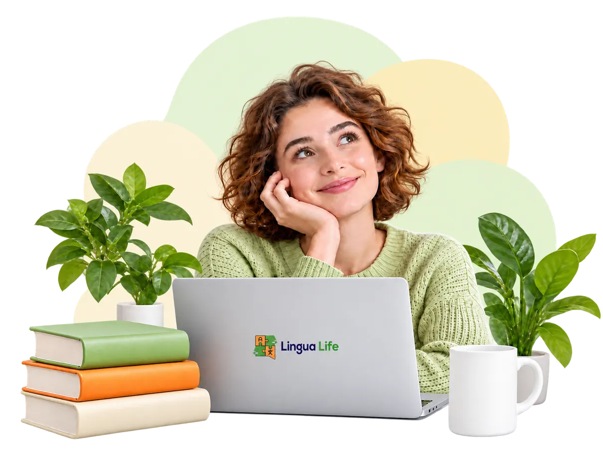 Дівчина з ноутбуком Lingua Life усміхається за столом